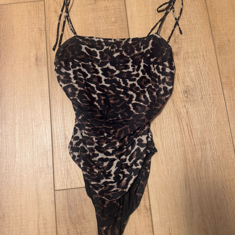 Princess Polly Animal Print Satin Ruched Bodysuit in Black and Brown